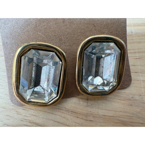 Givenchy Vintage Gold-Tone Crystal Stud Earrings Rectangular Clear Glass Rhinest - Picture 4 of 13
